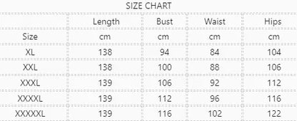 Size chart for fashion casual long dress with measurements in centimeters for XL sizes