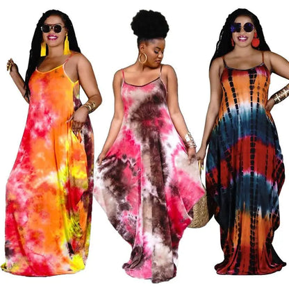 Three women modeling fashion casual long tie-dye maxi dresses, including hand embroidered styles