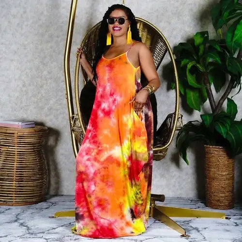 Vibrant tie-dye casual long dress with spaghetti straps, perfect for Women’s Fashion Casual Long collection