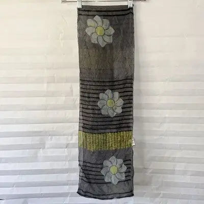 Sheer gray daisy infinity scarf with embroidered white and yellow flowers and stripes