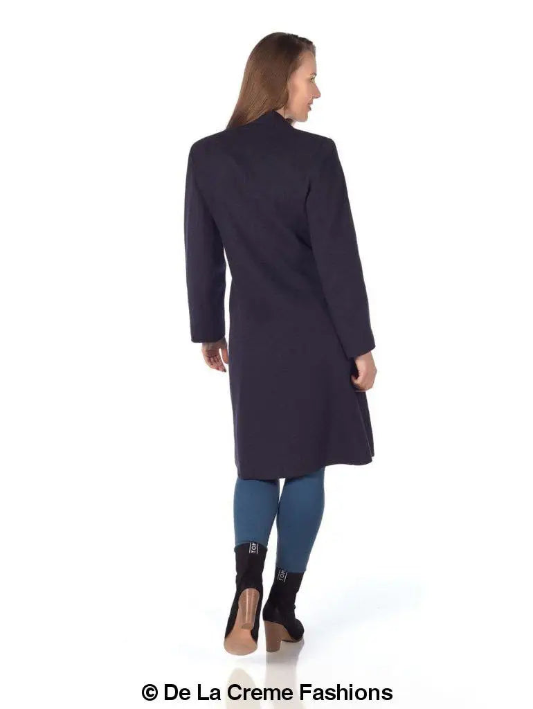 Women’s Mohair Blend Longline Winter Coat with dark blue long coat over jeans and black ankle boots