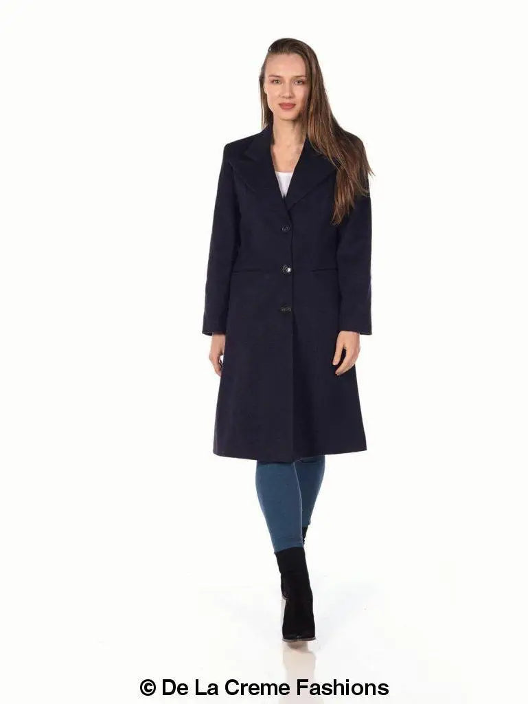 Women’s Mohair Blend Longline Winter Coat with three buttons over blue jeans and black boots