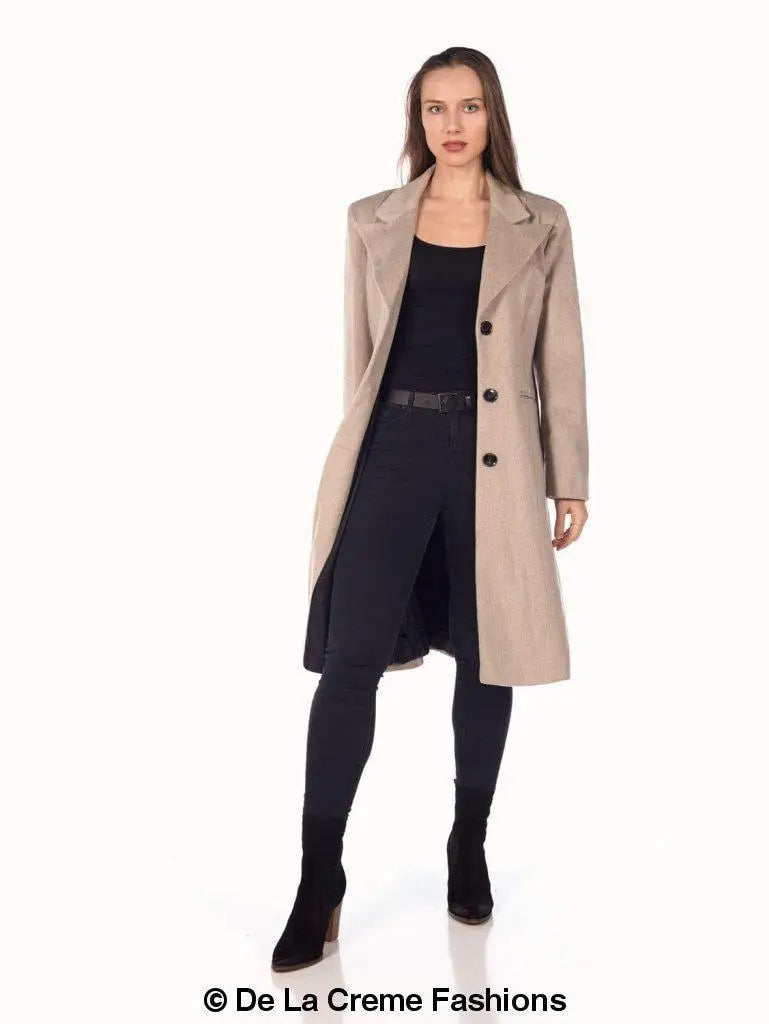 Women’s Mohair Blend Longline Winter Coat with dark buttons, open over black top