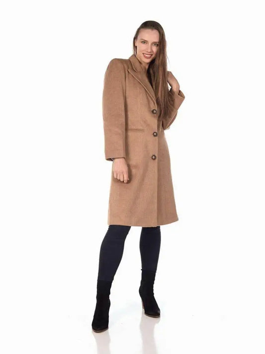 Women’s Mohair Blend Longline Winter Coat in camel with three dark buttons