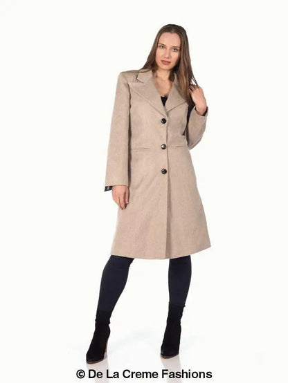 Women’s Mohair Blend Longline Winter Coat with long sleeves and black buttons