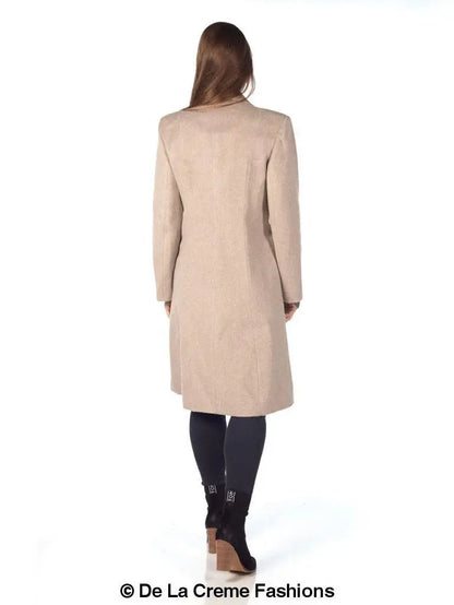Women’s Mohair Blend Longline Winter Coat showing a long, beige trench coat with collar