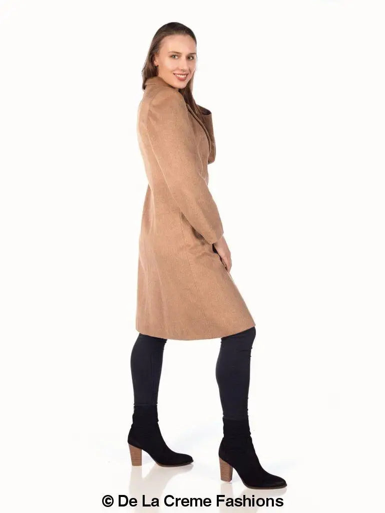 Women’s Mohair Blend Longline Winter Coat with wide collar and long sleeves