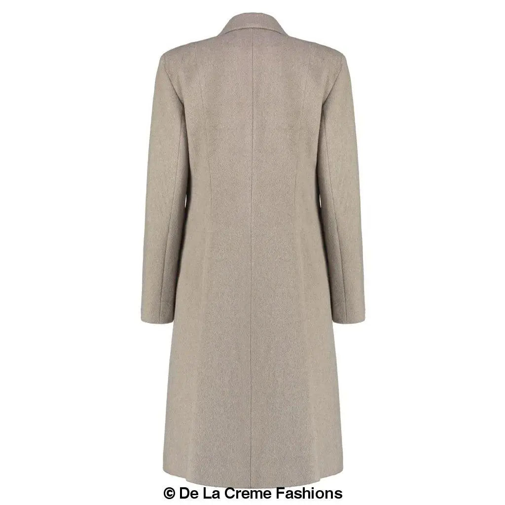 Longline winter coat in light beige with subtle texture, made from mohair blend