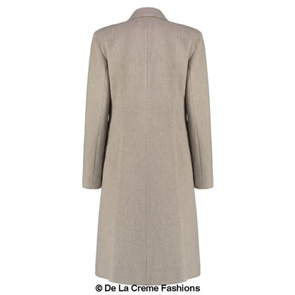 Longline winter coat in light beige with subtle texture, made from mohair blend