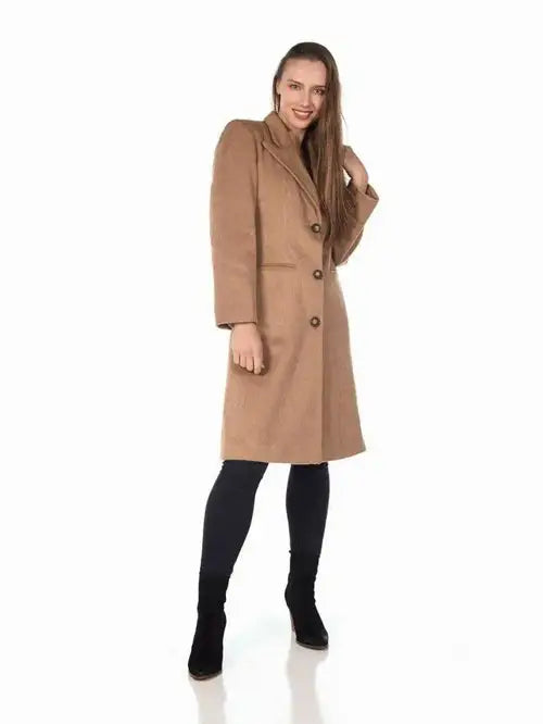 Women’s Mohair Blend Longline Winter Coat with long-sleeve collar and button-down design