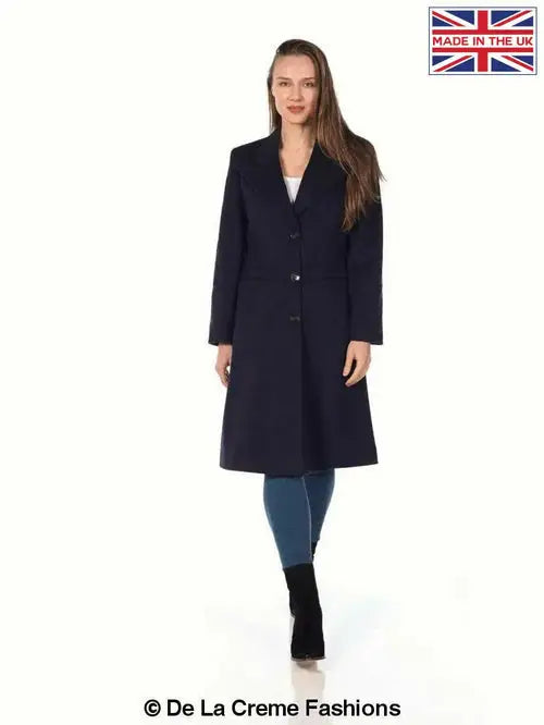 Woman modeling navy blue mohair blend longline winter coat with button closures