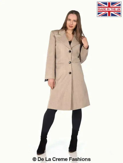Women’s Mohair Blend Longline Winter Coat featuring a beige long-sleeved trench style