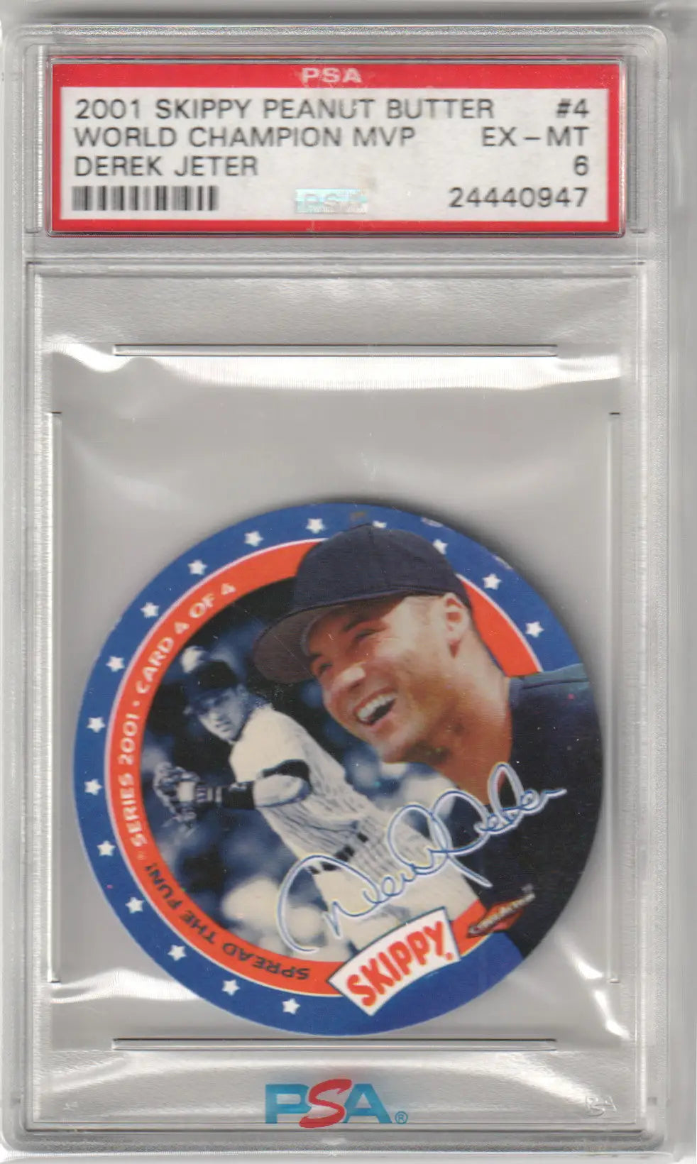Graded Derek Jeter baseball card featuring Skippy Peanut Butter in World Champion MVP 2001 set