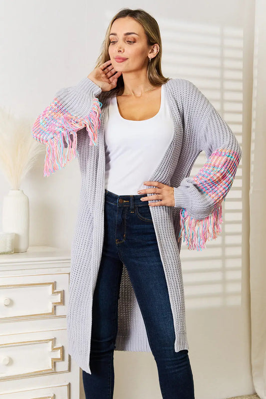 Woven Right Fringe Sleeve Dropped Shoulder Cardigan - Cloudy Blue / S