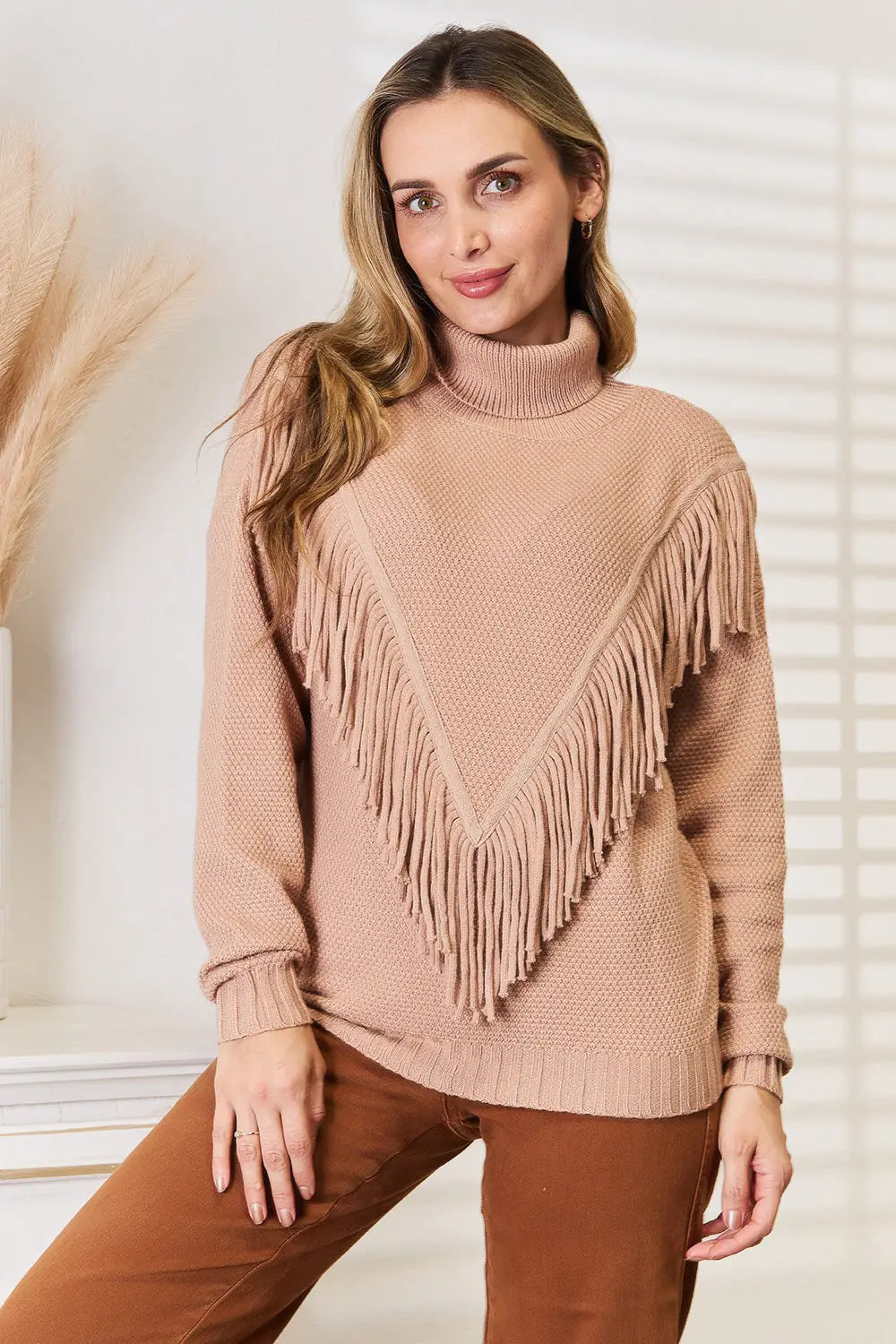 Beige woven right turtleneck fringe front long sleeve sweater with ribbed cuffs