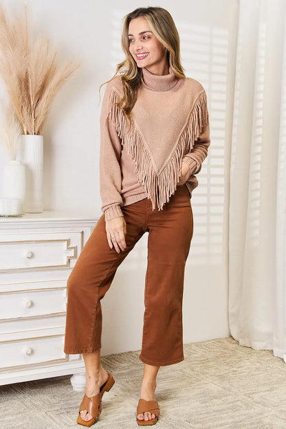 Beige fringe turtleneck long sleeve sweater with high neck and cozy sleeve length