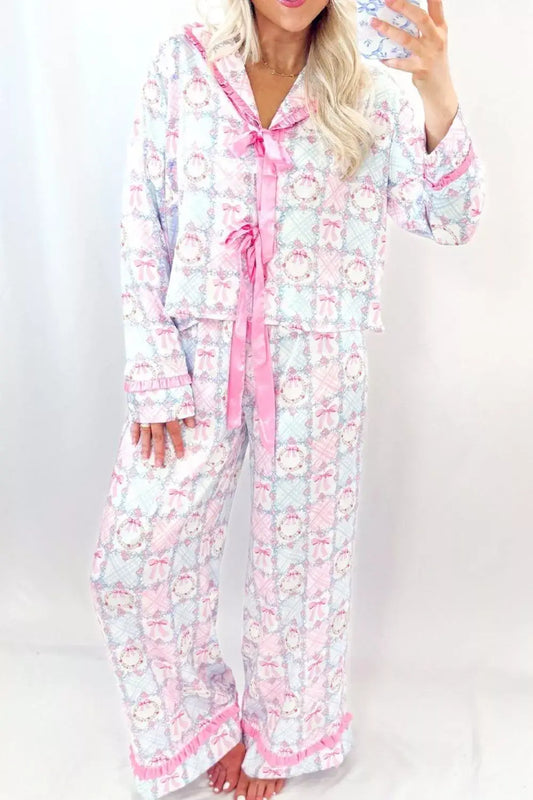 Wreath Pattern Christmas Tied Front Long Sleeve 2pcs Pajama Set - Pink / S