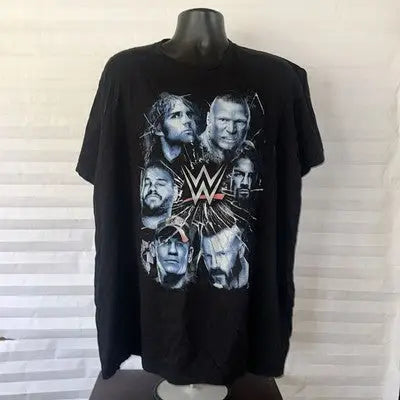 Black WWE T-shirt for Men featuring multiple wrestler portraits and logo design