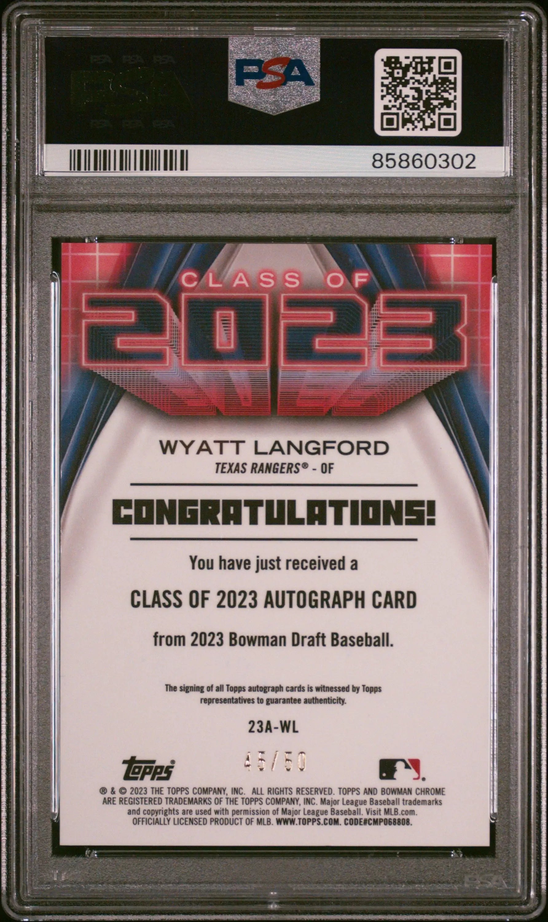 Graded Wyatt Langford Bowman Draft Class baseball trading card 2023 Auto PSA 9 Mint