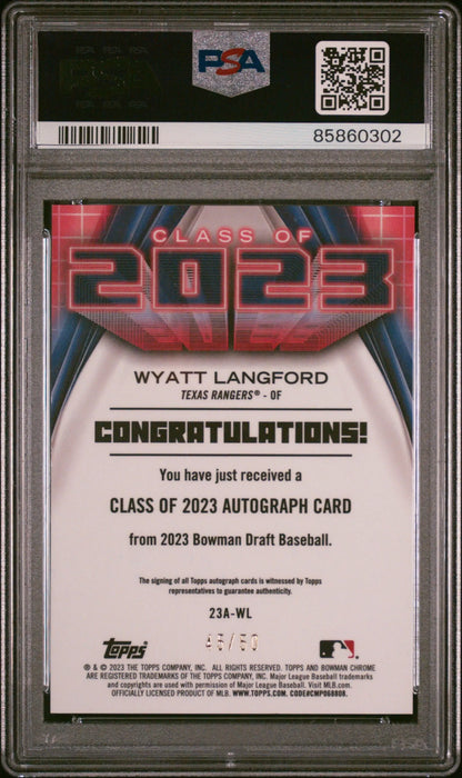 Graded Wyatt Langford Bowman Draft Class baseball trading card 2023 Auto PSA 9 Mint