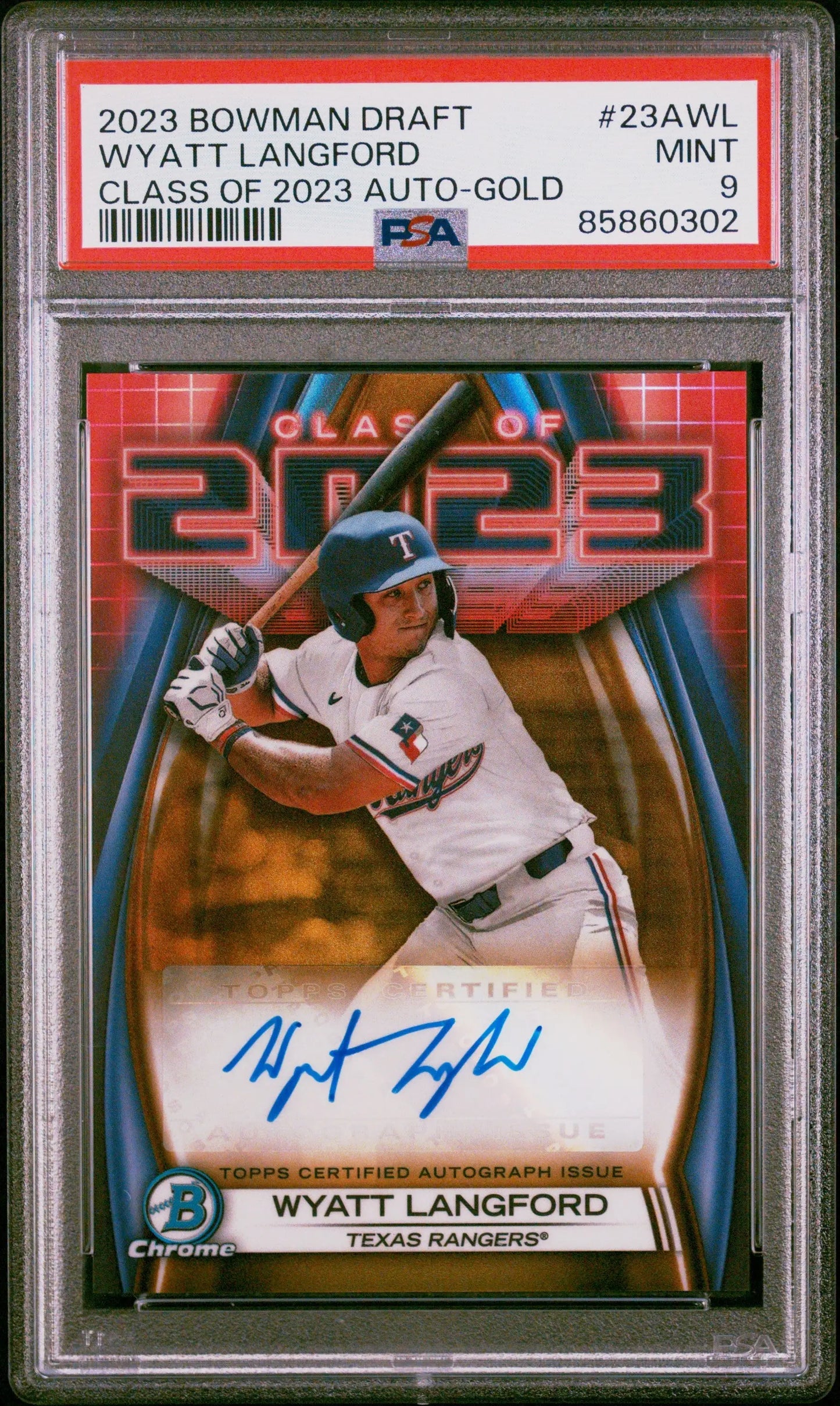 Gold Wyatt Langford Bowman Draft Class of 2023 auto baseball card PSA 9 Mint