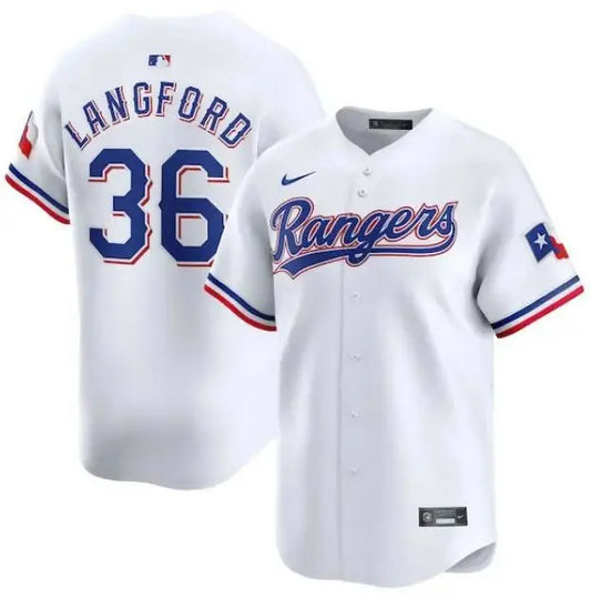 White Wyatt Langford Texas Rangers Nike Home Limited Player Jersey with blue and red accents