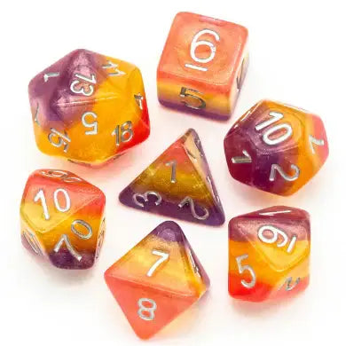 Colorful polyhedral dice from Wyldfire RPG Dice Set for tabletop gaming sessions
