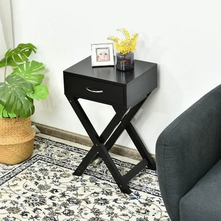 X-Shape 1 Drawer Nightstand End Side Table Storage in Black - Nightstand