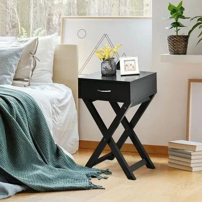 X-Shape 1 Drawer Nightstand End Side Table Storage in Black - Nightstand