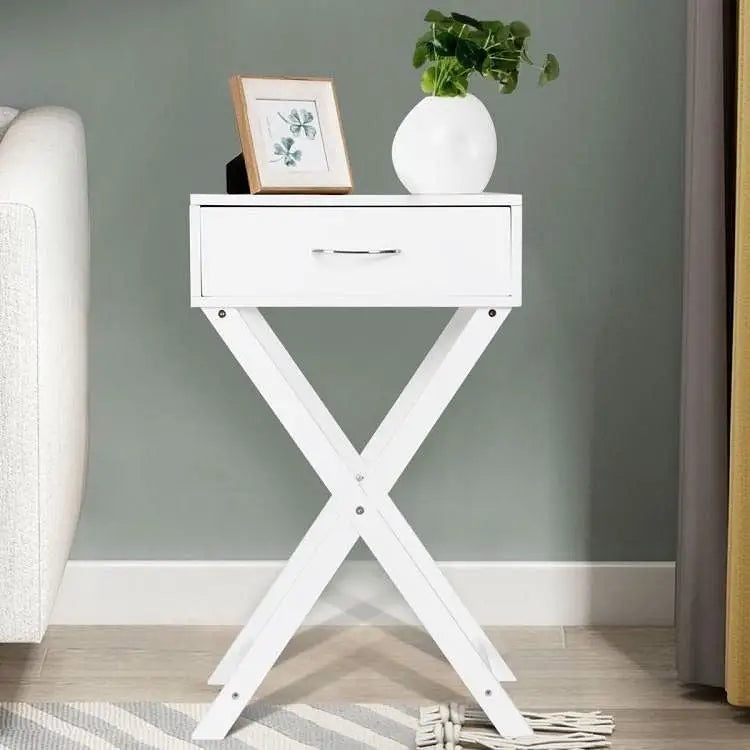 X-Shape 1 Drawer Nightstand End Side Table Storage in White - Nightstand