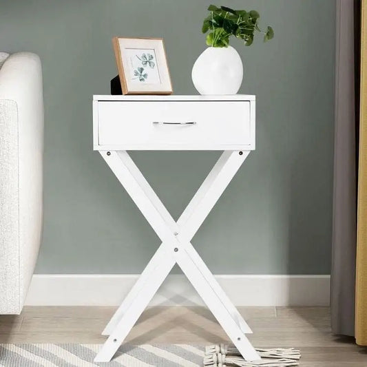 X-Shape 1 Drawer Nightstand End Side Table Storage in White - Nightstand