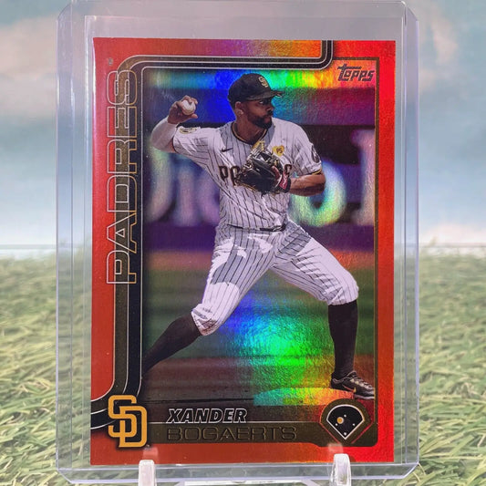 Xander Bogaerts baseball card featuring orange rainbow foil from 2025 Topps Series 1