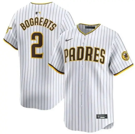 White pinstriped Xander Bogaerts San Diego Padres Nike Home Limited Player Jersey with brown and gold accents