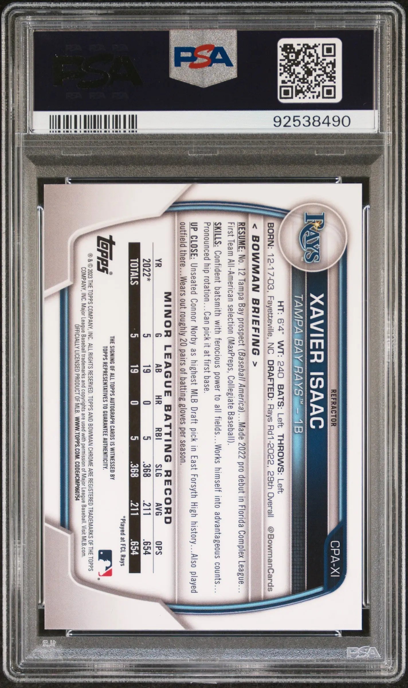 Xavier Isaac 2023 Bowman Chrome Refractor Auto PSA 10 in protective case
