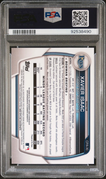 Xavier Isaac 2023 Bowman Chrome Refractor Auto PSA 10 in protective case