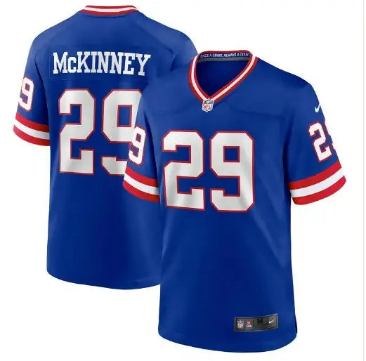 Blue and white Xavier McKinney New York Giants Nike away game jersey with number 29