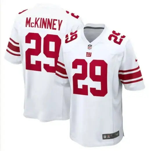 White New York Giants Nike Xavier McKinney away game jersey with red numbers