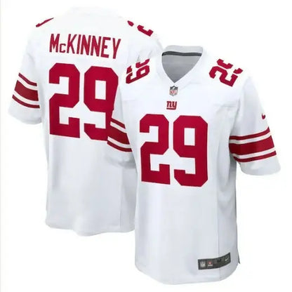 White New York Giants Nike Xavier McKinney away game jersey with red numbers