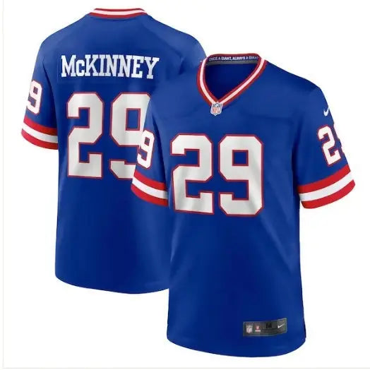 Royal blue Xavier McKinney New York Giants Nike game jersey with white numbers and lettering