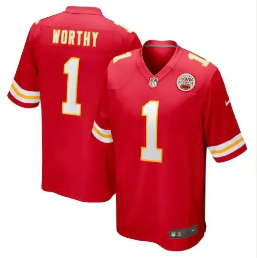 Red Kansas City Chiefs jerseys featuring Xavier Worthy and Worthy Kansas City branding