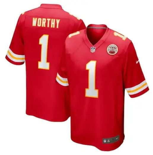 Red Xavier Worthy Kansas City Chiefs jersey featuring Worthy Kansas City player name and number