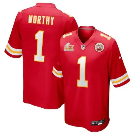 Red Xavier Worthy Kansas City Chiefs football jersey with white and yellow stripes