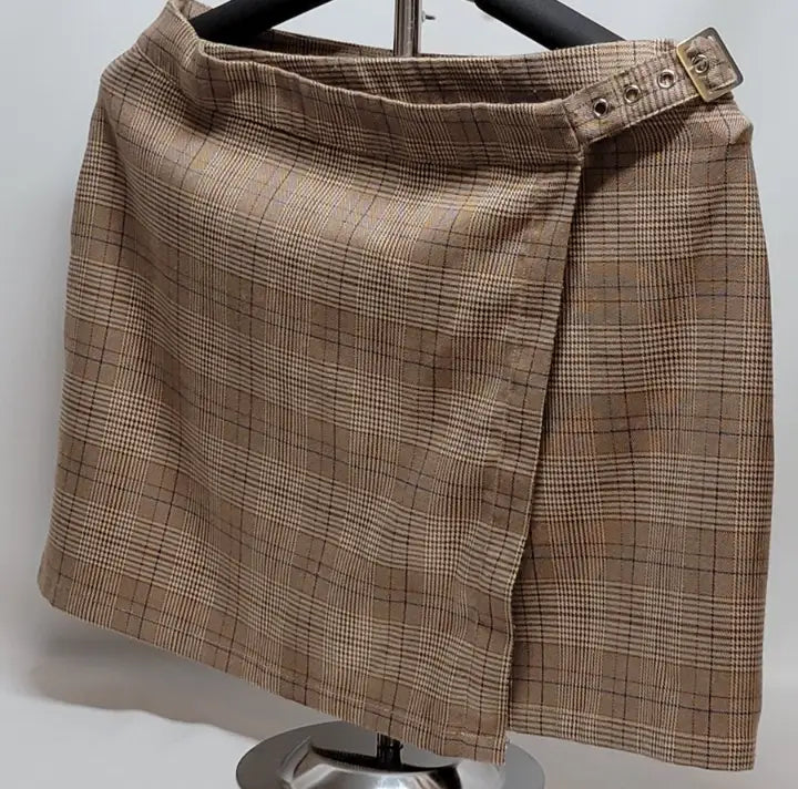 Y2K plaid mini skirt with buckle closure, brown wrap-style mini skirt for goth grunge
