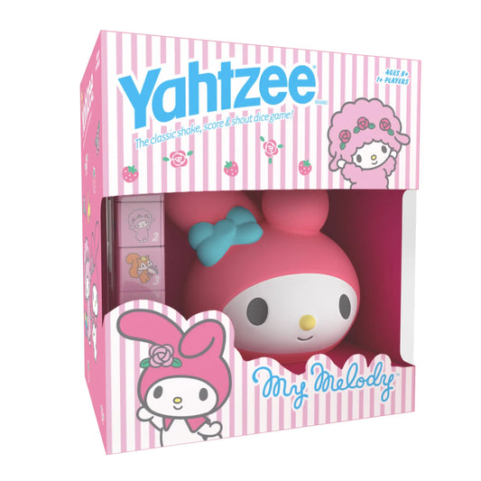 My Melody Yahtzee game with melody dice, dice cup, and Cute My Melody design