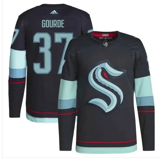 Dark blue Seattle Kraken hockey jersey with Gourde 37 logo front and back detail
