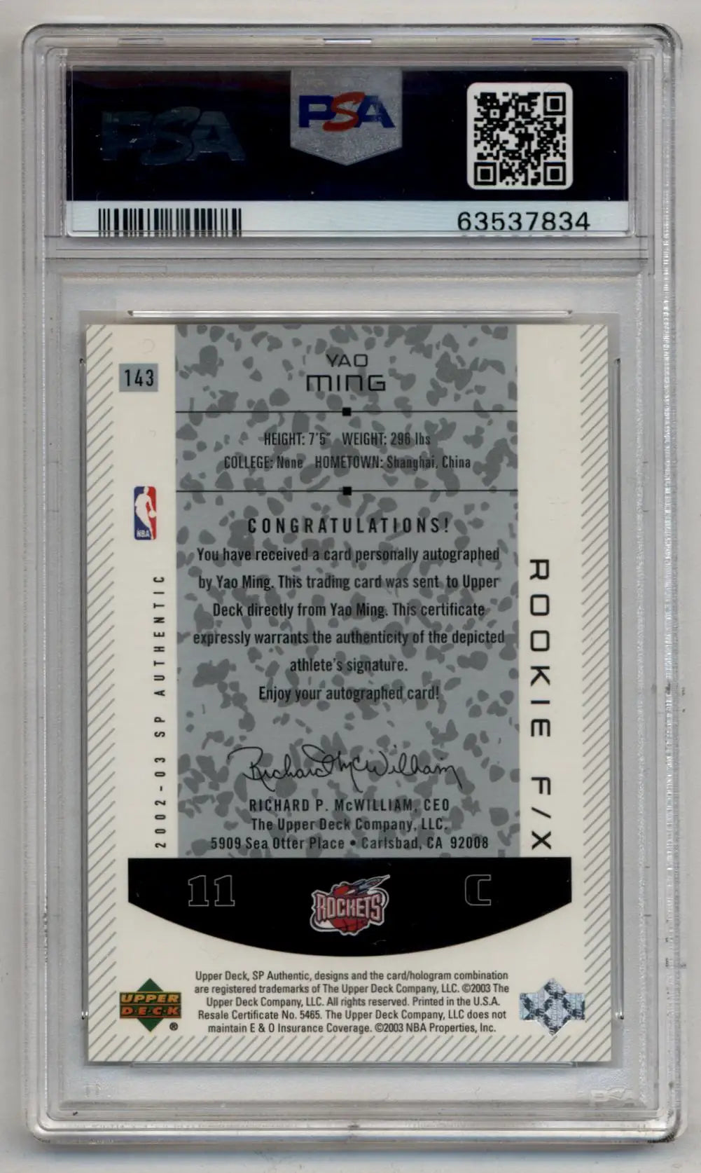 Back of Yao Ming 2002-03 SP Authentic Auto #143 trading card in protective case