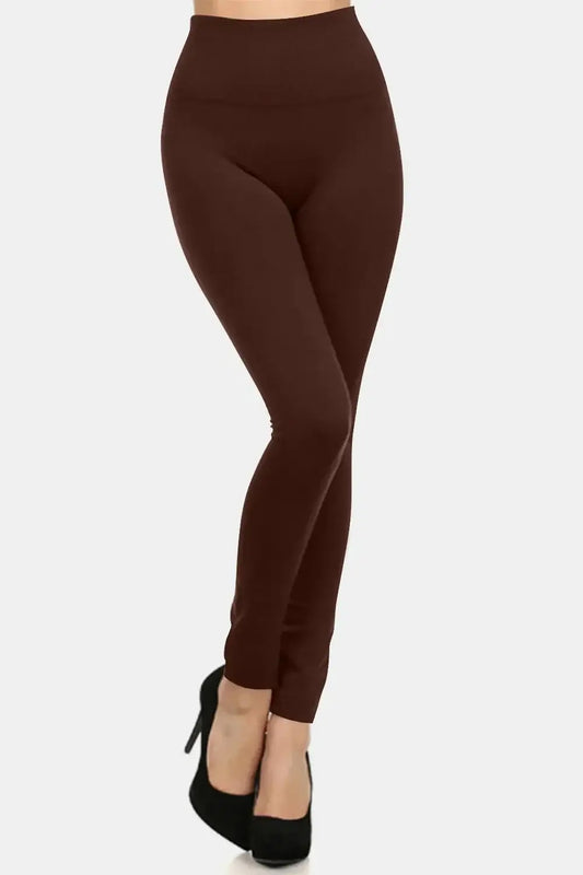 Yelete Full Size Seamless Fleece Lined Leggings - Coffee / One Size-Regular