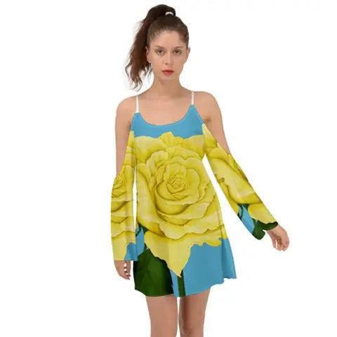 Woman in Yellow Aqua Rose Kimono Sleeves Boho Dress with large yellow rose print