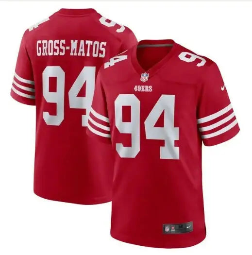 Red San Francisco 49ers football jersey with number 94 and GROSS-MATOS on back