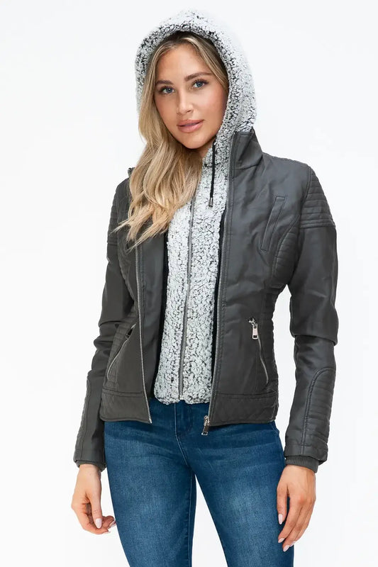 YMI Faux Layered Double-Zipper Jacket with Fuzzy Hood - Charcoal / S